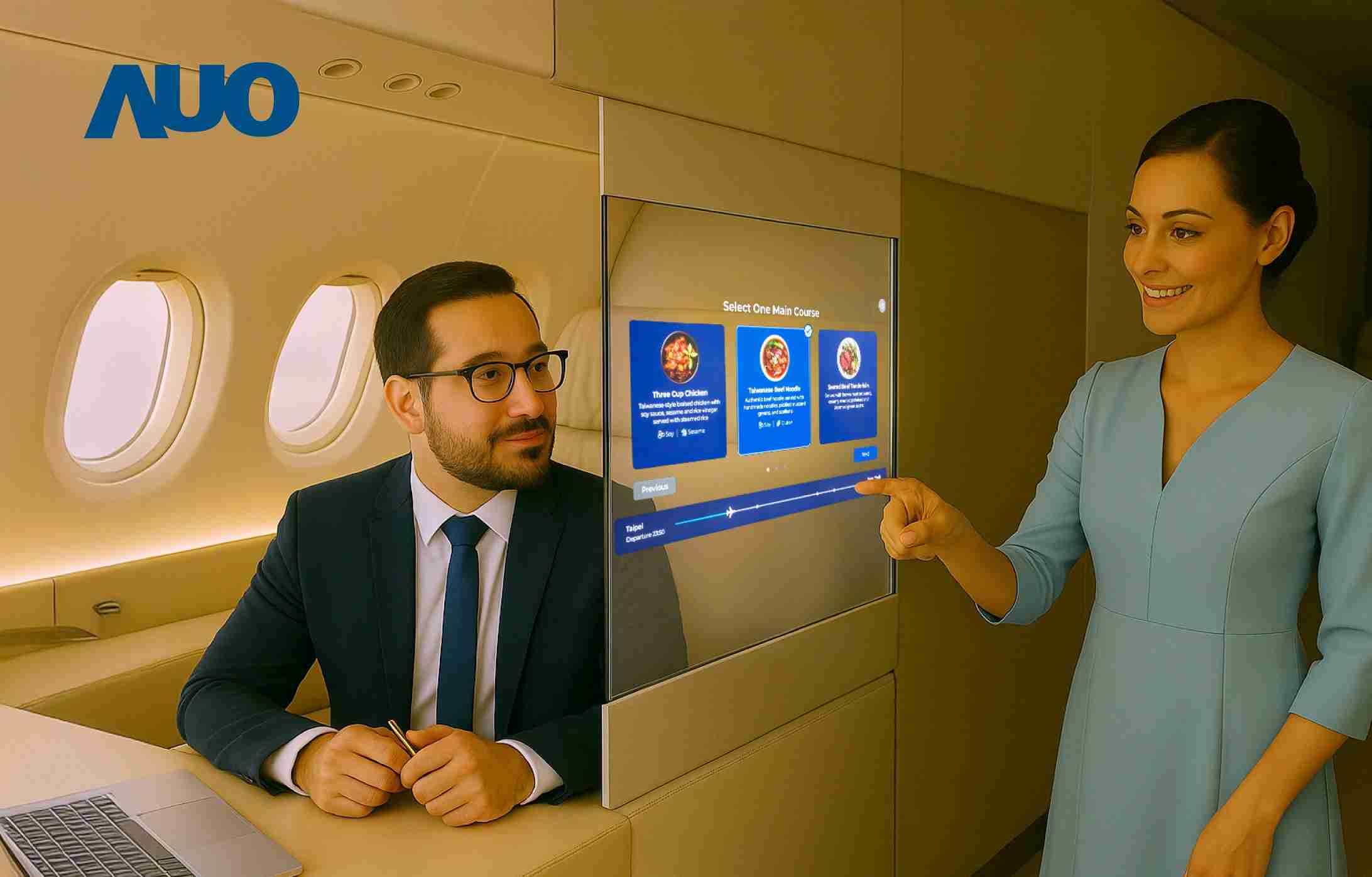 糖果派对研发全球最薄17.3 吋双面透明 Micro LED 显示器，，，可在同一屏幕之双边投射不同信息，，创造独特的”透明化”互动；图为实时翻译交流应用情境